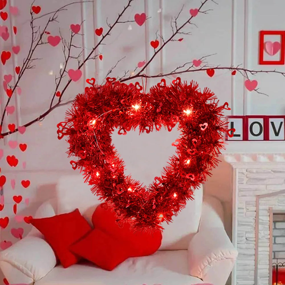 Romantic Luminous Heart Garland ValentineS Day Decoration Glowing Love Themed Fake Grass Garland Pendant for Home Wall Tabletop Oasis Select