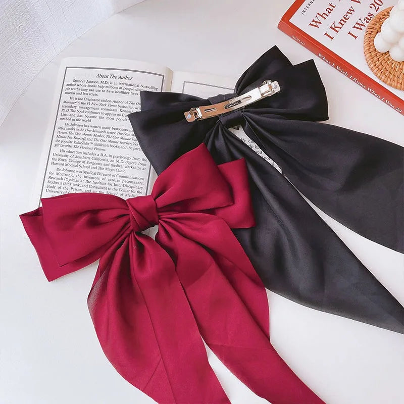 Oversized Satin Bow Hair Clip with Long Ribbon Elegant Solid Color Hairpin for Women Girls Party Daily Hairstyling Oasis Select