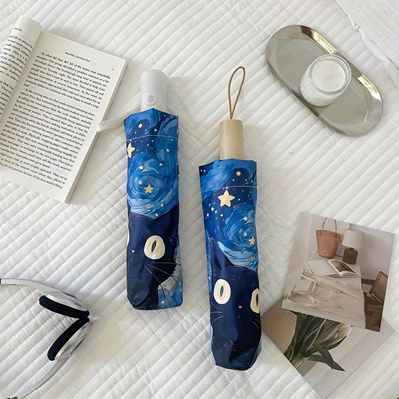 Blue cartoon cat folding umbrella professional sun protection and UV protection umbrella suitable for sunny and rainy days. Oasis Select