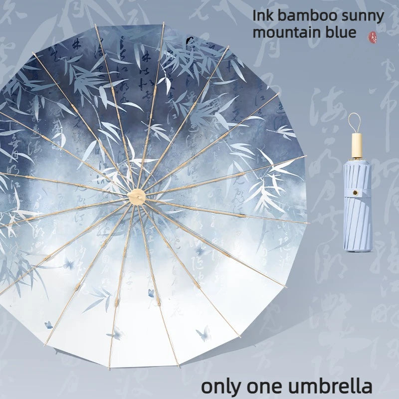 6 Ribs Reinforced Large Folding Umbrella Dual-purpose Sun Rain Umbrella UV Protection Sun Parasol for Women Oasis Select Black bamboo Aluminum 16K