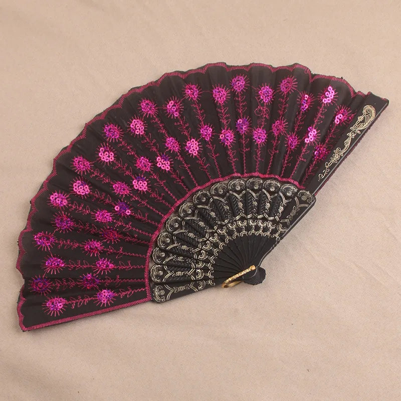 Silk Fan Folding Fan Wedding Art Gifts Peacock Sequin Dancing Fan Hand Held Fan Home decoration Oasis Select F