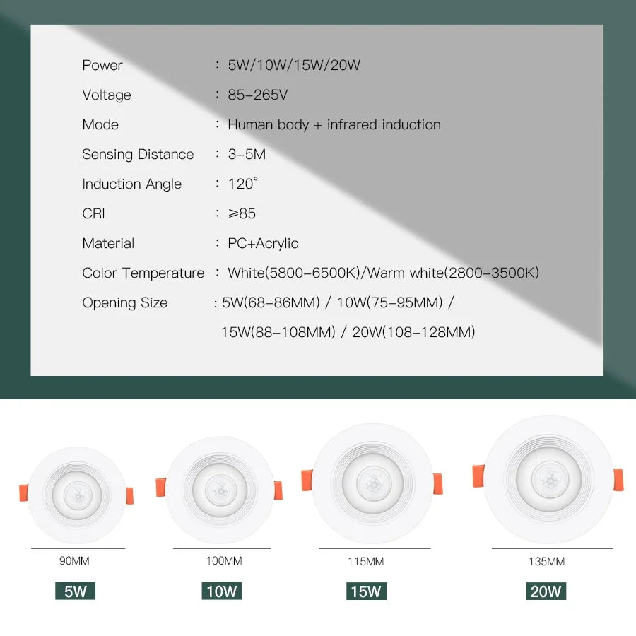 PIR Motion Sensor LED Downlight 5W–20W Recessed Ceiling Spot Motion Sensor Downlight Oasis Select