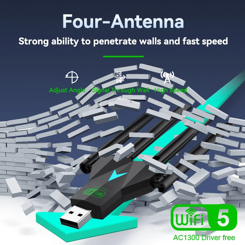 Dual Band 1300Mbps WiFi USB Adapter 2.4G/5Ghz Wi-Fi Dongle USB3.0 802.11AC 4-Antenna Wireless Receiver For PC/Laptop Driver Free Oasis Select