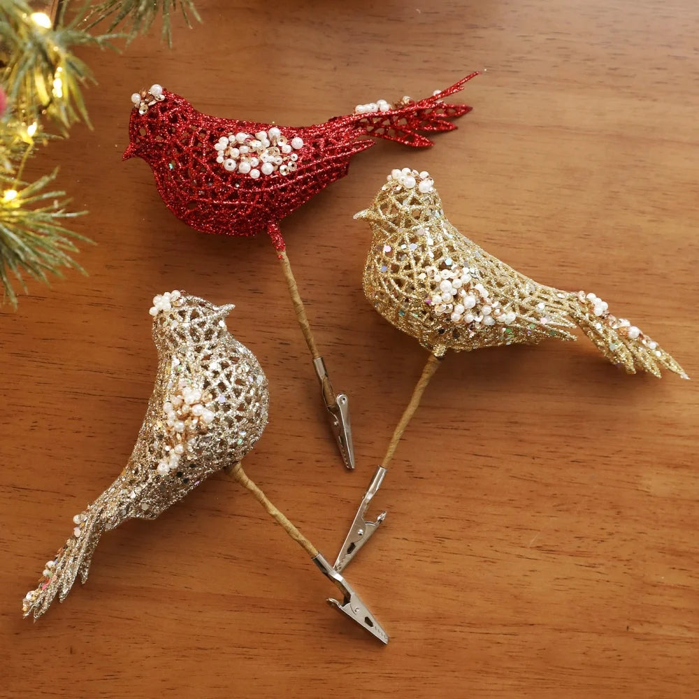 Hollow Bird Christmas Tree Decoration Sparkling Glitter Artificial Bird Ornaments Holiday New Year Party Christmas Decoration Oasis Select