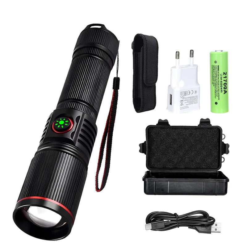 Ultra Bright LED Aluminum Alloy Flashlight USB Rechargeable Telescopic Zoom Torch Outdoor Stepless Dimming Camping Flashlights Oasis Select Set E ZOOM