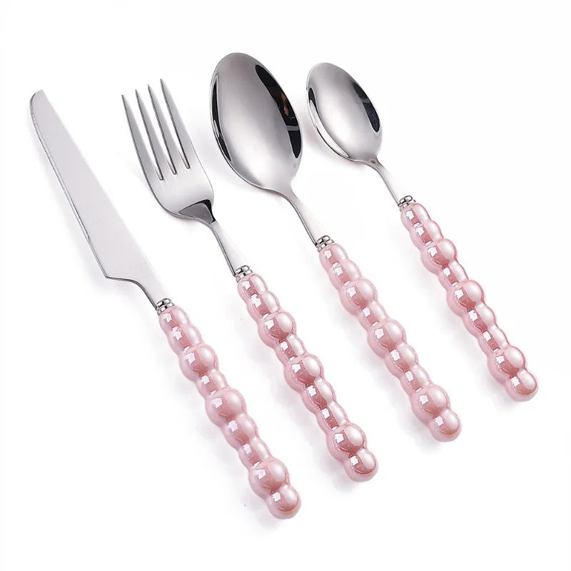 4Pcs/Set Luxury Ceramic Pearl Handle Cutlery Set Knife Fork Spoon Creative Cute Soup Spoon Western Food Steak Knife Spoon Fork Oasis Select