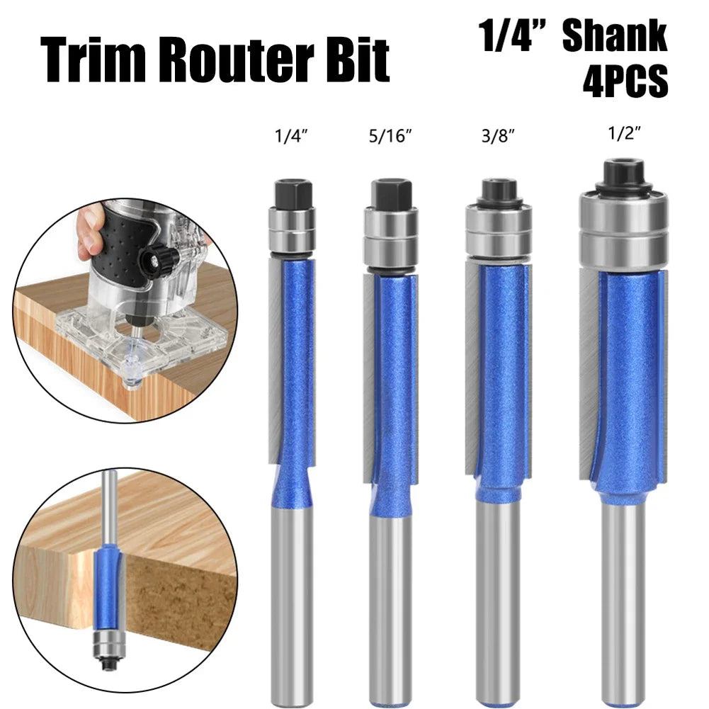 Sparkling Silver-Blue Double Bearing Flush Trim Router Bit 1/4" Shank Dual Cutting Blades for Woodwork Tool Electric Accessories Oasis Select