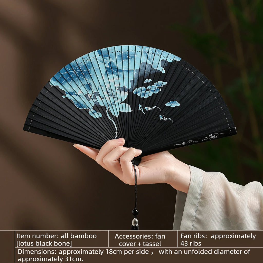 All Bamboo Folding Fan Compact and Portable Chinese Style Portable Ancient Style Folding Fan Cheongsam Fashion Show Oasis Select Lotus black bone 18x31cm