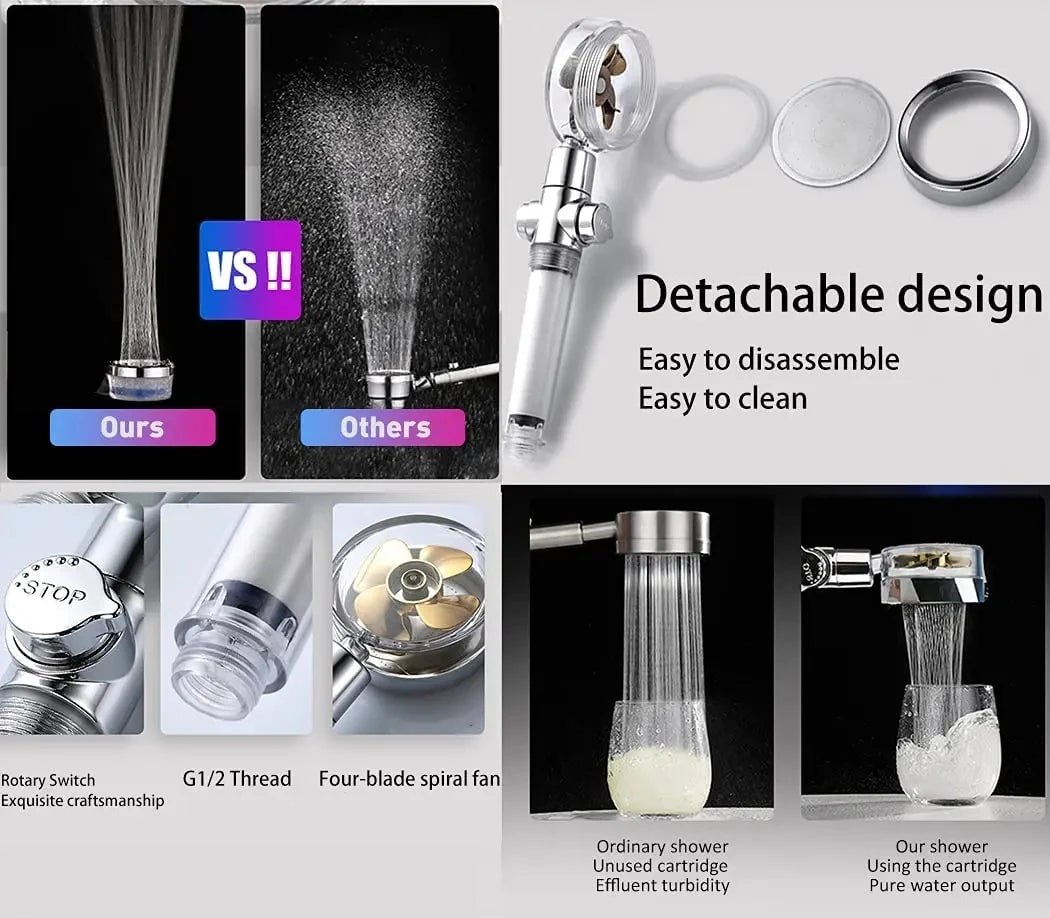New Propeller Driven Fan Shower Head with Stop Button and Cotton Filter Turbocharged High Pressure Handheld Shower Nozzle Oasis Select