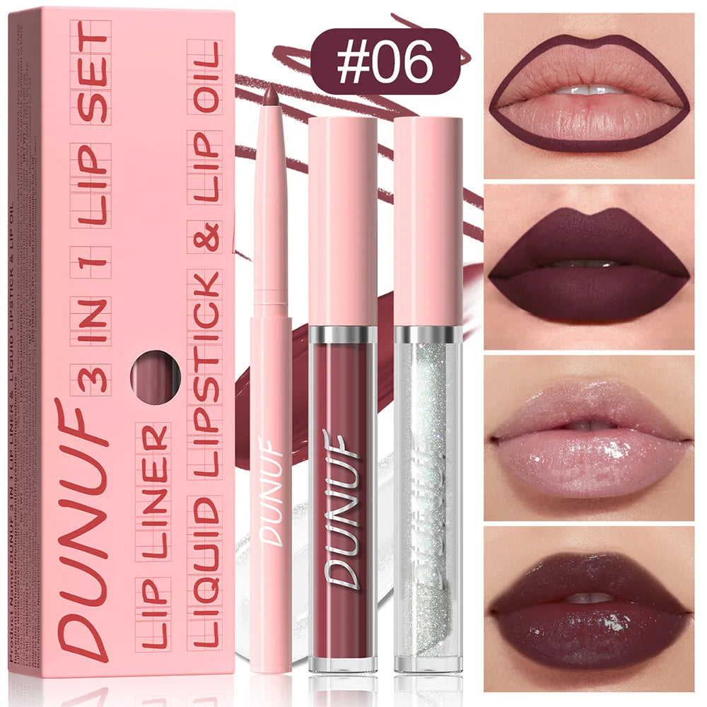 DUNUF 3-Pc Matte Lipstick Set – Lip Liner, Gloss & Oil Kit