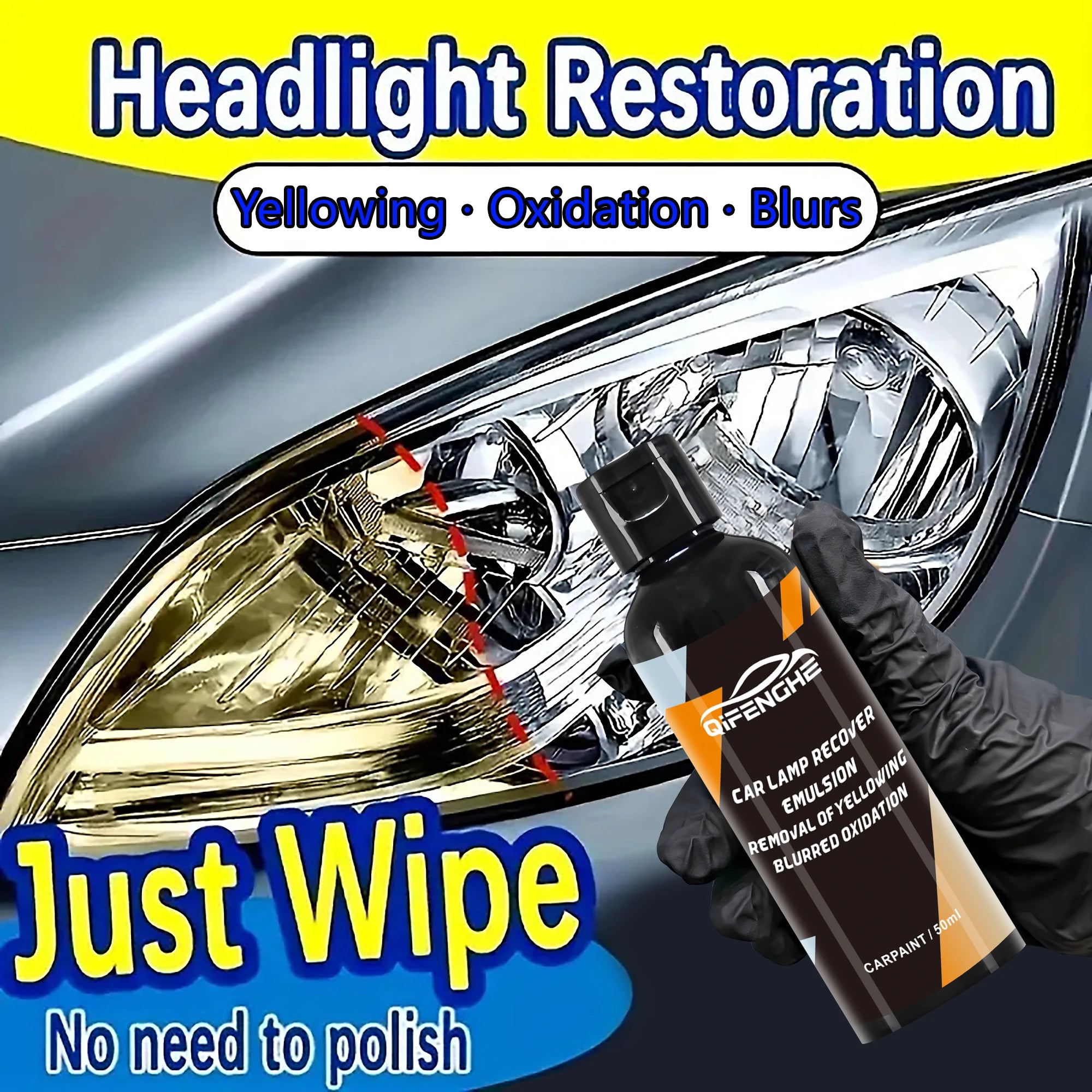 Car Headlight Restoration Liquid & Wax – Clears Yellowed Lenses