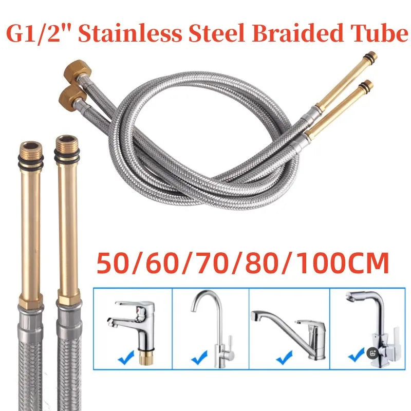 2PCS G1/2'' Stainless Steel Nylon Braided Tube Pipe Hose Silicone Plumbing Extended Shower Hose Kitchen Bathroom Accessories Oasis Select