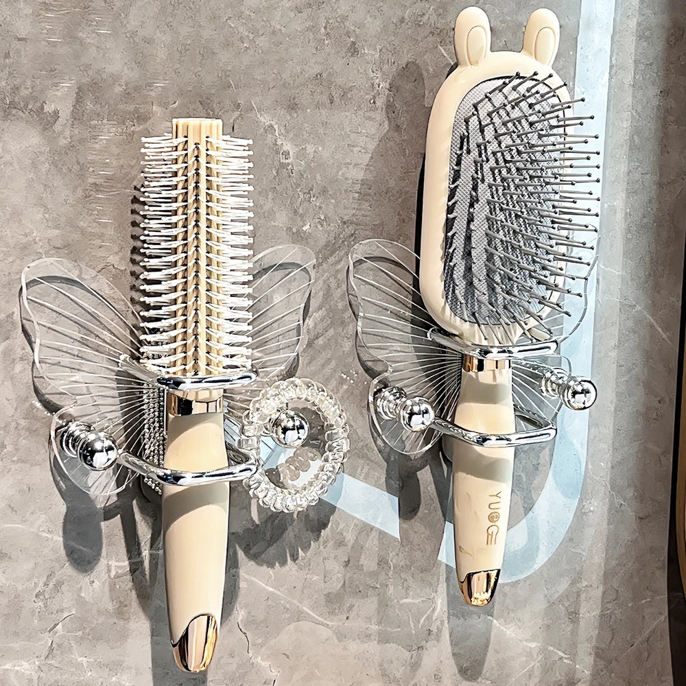 Light Luxury Butterfly Comb Storage Shelf Wall Hanging Perforated Free Bathroom Headstring, Hair Band, Hair Ring Storage Hook Oasis Select