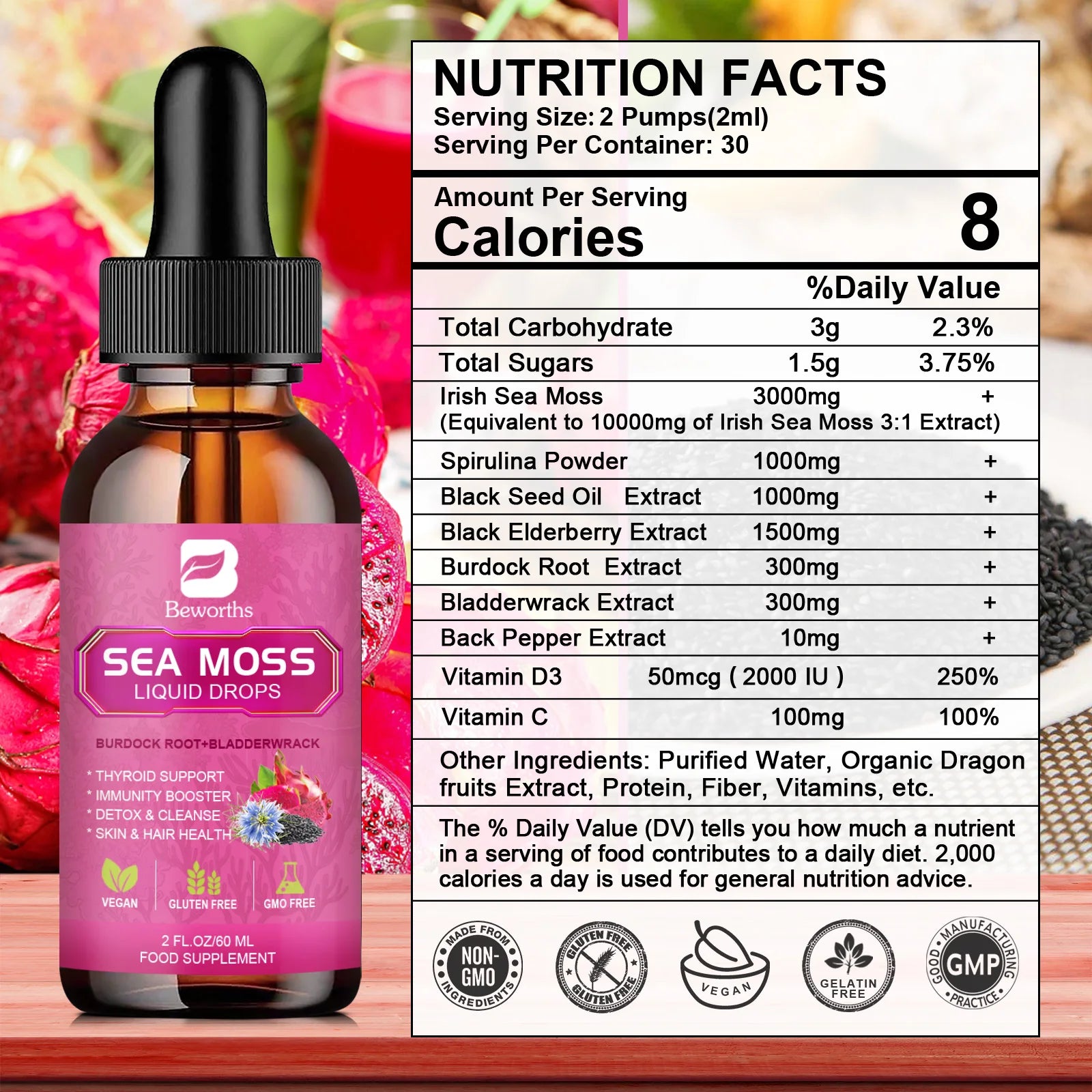 BEWORTHS 3000MG Seamoss Liquid Drop Organic Black Seed Oil & Burdock Root Bladder Enhance Immunity, Hair,Skin & Digestion Health Oasis Select