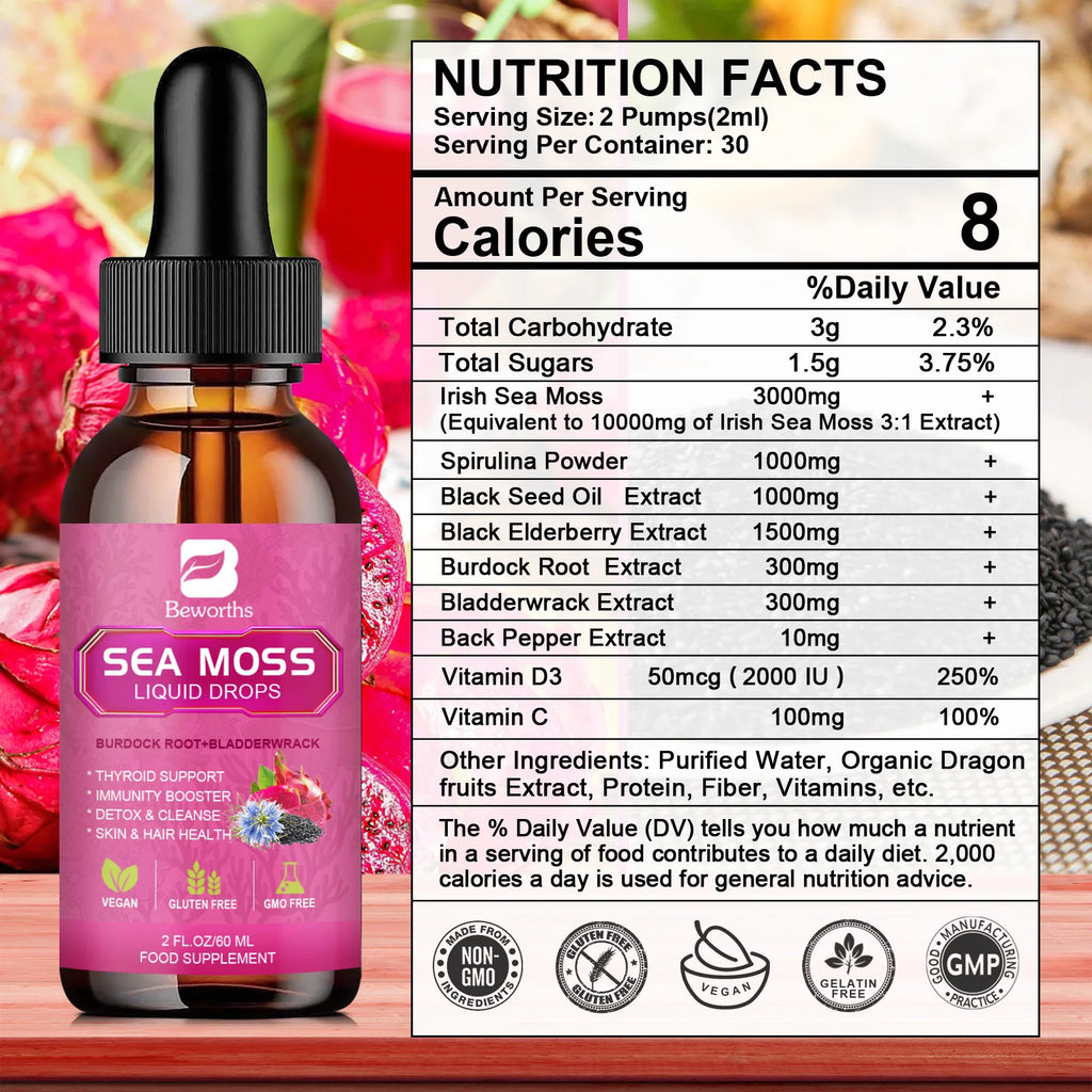 BEWORTHS 3000MG Seamoss Liquid Drop Organic Black Seed Oil & Burdock Root Bladder Enhance Immunity, Hair,Skin & Digestion Health Oasis Select