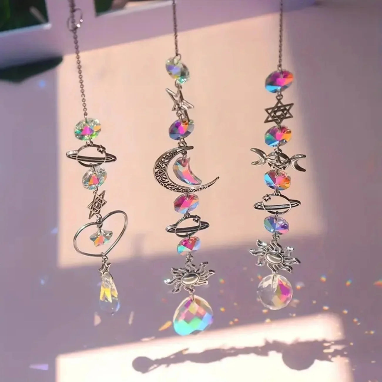Crystal Wind Chime Love Heart Moon Sun Catcher Hanging Pendant Dream Catcher Rainbow Hanging Drop Windchime Home Garden Decor Oasis Select