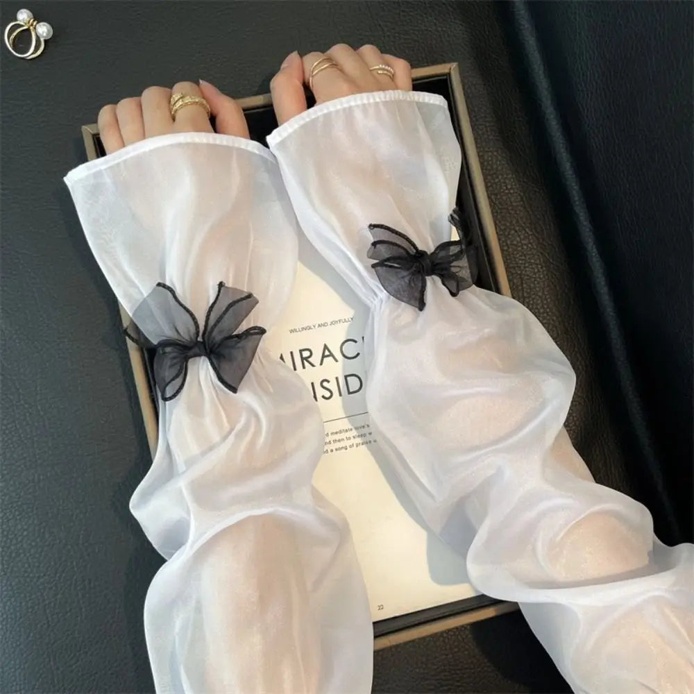 Ice Silk Women's Sun Protection Sleeves Bow Decor Loose Fit Arm Sleeve UV Protection Fairy Style Ice Sleeves Summer Outdoor Oasis Select