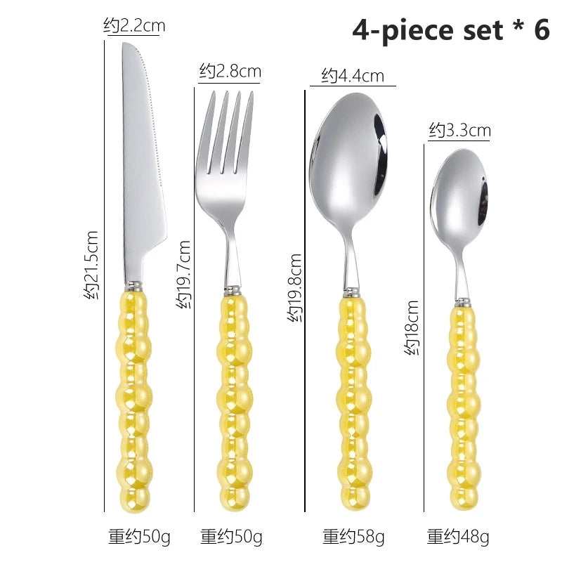 24-Piece Pearl Handle Stainless Steel Cutlery Luxury Forged Knife Fork Spoon Shell Spoon Kits Dessert Steak Dining Tableware Oasis Select Yellow-24pcs