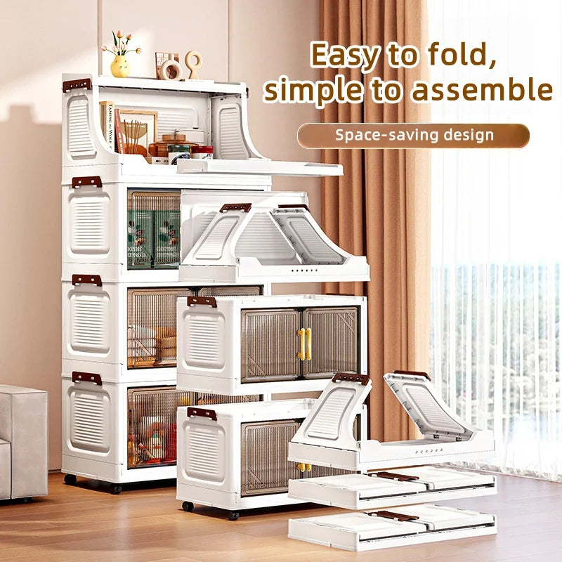 Large Foldable Flip-Top Transparent Storage Cabinet with Wheels - Space-Saving Mobile Organizer for Kitchen Bedroom Living Room Oasis Select