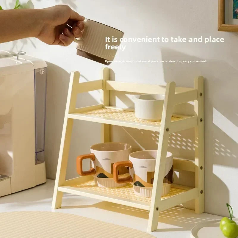 Multi-functional ins medieval rattan cream double-layer desktop rack dormitory bedroom office kitchen cup holder finishing rack Oasis Select