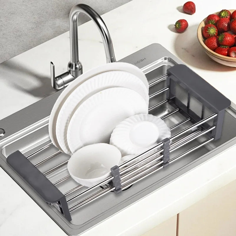 Roll Up Triangle Dish Drying Rack Kitchen Sink Organizer Corner Over the Sink Sponge Rag Holder Foldable Stainless Steel Drainer Oasis Select Light Grey