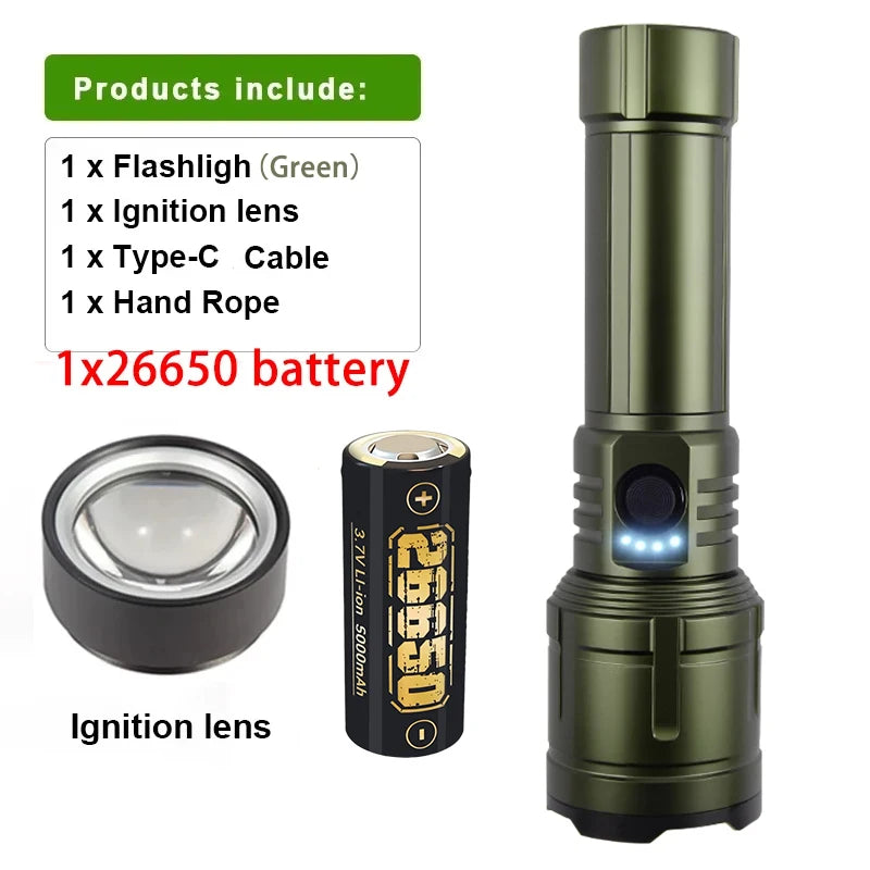 5000MAH Ultra Bright LED Flashlight with Flame Ignition Type-C Rechargeable Tactical Torch Outdoor Camping Adventure Lantern Oasis Select Green-5000MAH