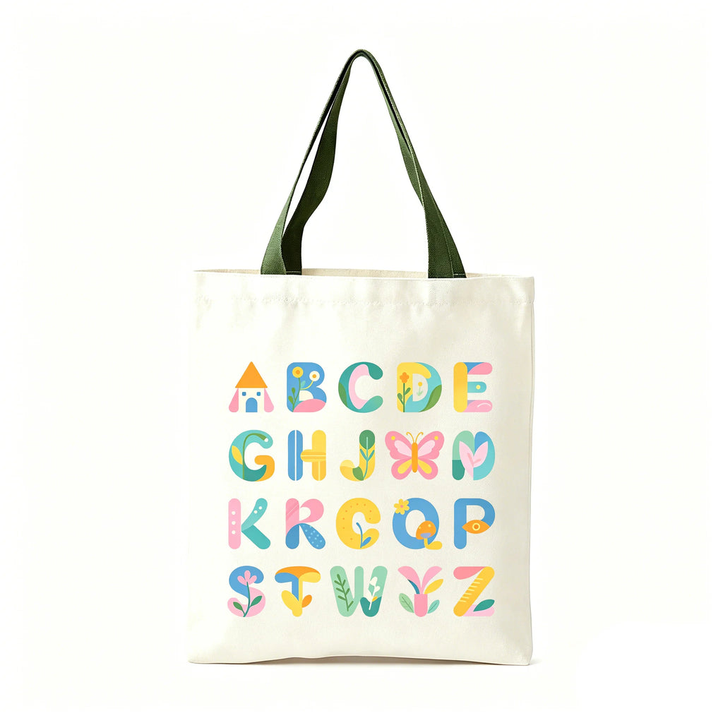 Colorful ABC Print Canvas Tote Bag Large Eco Reusable Shoulder Bag Student Teacher School Shopping Bag Oasis Select Army green 30 40cm