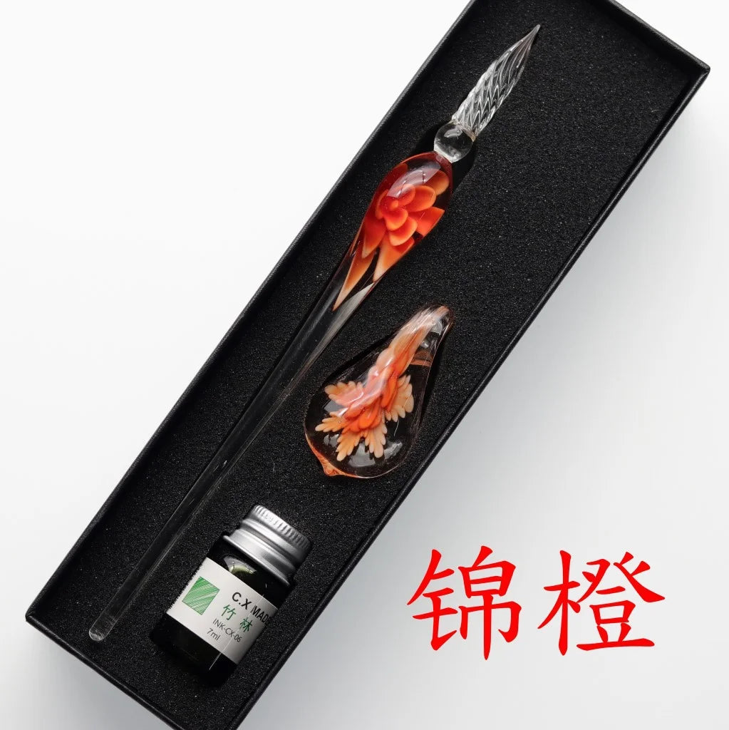 Embedded Flower Glass Pen Set Starry Sky Gold Powder Color Ink Dip in Water Pen Gift Box for Friends and Students as Gift Pen Oasis Select