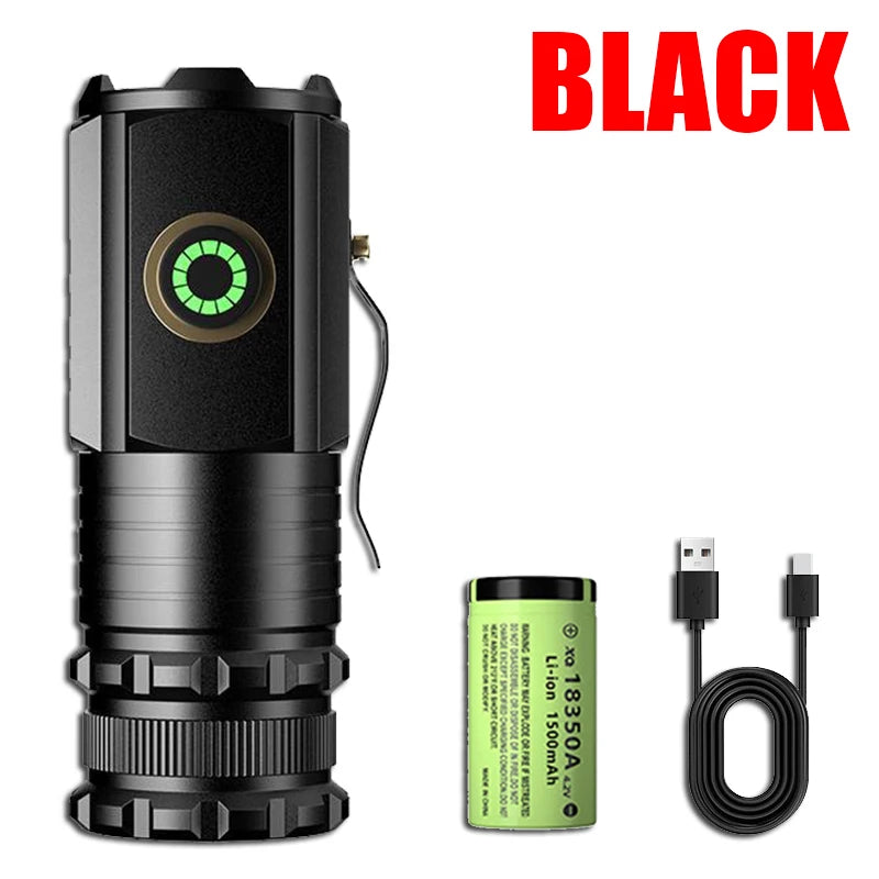 High Power 3 LED Mini LED Flashlight 2000LM SST20 Portable EDC Torch TYPE-C Rechargeable IP68 Camping Lantern with Tail Magnet Oasis Select Black 1Pcs
