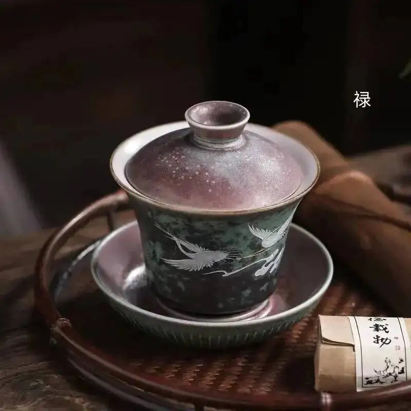 Japanese Kiln Change Color Ceramic Sancai Gaiwan Kung Fu Tea Set Household Tea Brewer Creative Crane Large Serving Tea Bowl Oasis Select