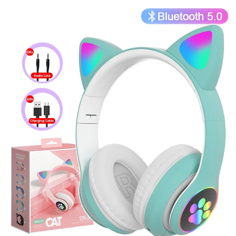 Flash Lamp Cute Cat Ears Headphone Bluetooth5.0 Stereo With Mic Support TF Card Wireless Kids Girl Earphone Birthday Gift Oasis Select green