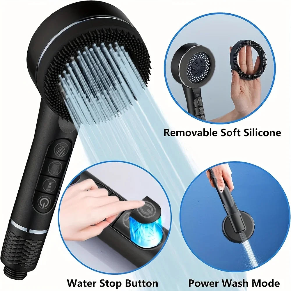 4 Modes Self-cleaning Shower Head with Silicone Brush One-Key Stop Water Massage High Pressure ABS Showerhead with Filter Oasis Select