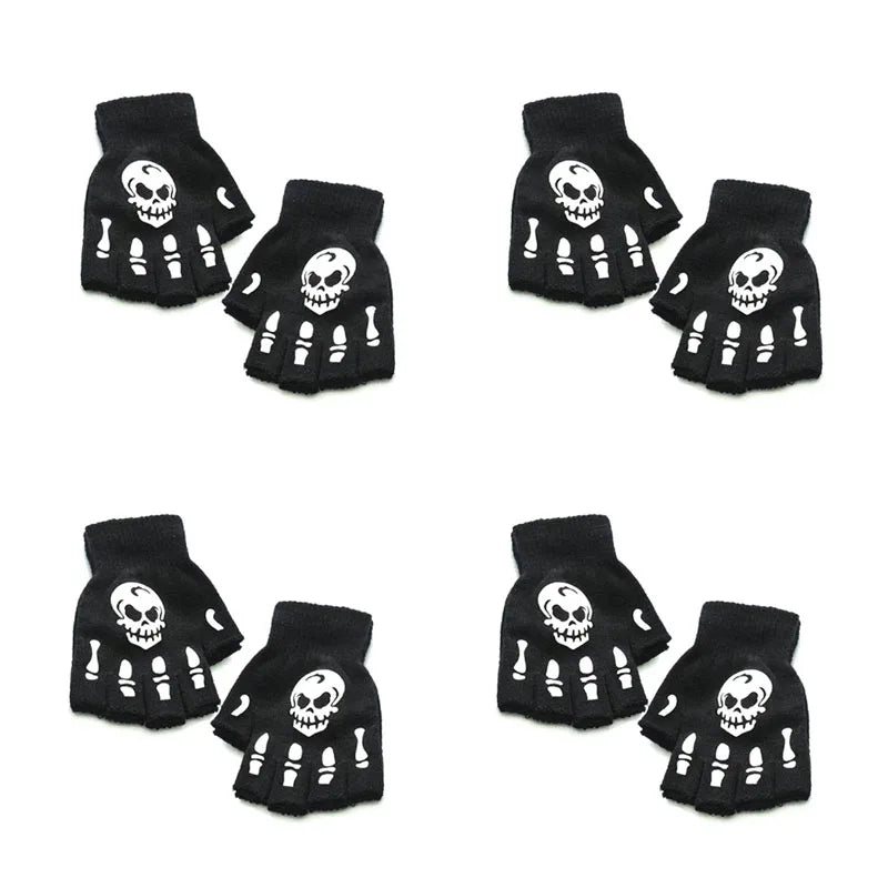1/2/3/4pairs Adult Kids Halloween Skull Half-Finger Punk Gloves Winter Skull Fingerless Black Gloves Oasis Select 02-4pairs