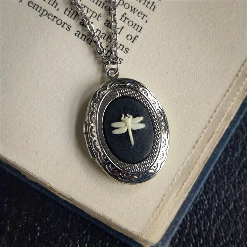 Gothic Vintage Black Red Purple Dragonfly Pendant Necklace Women's Retro Oval Collarbone Necklace Witch Jewelry Gift Accessories Oasis Select 50cm 2