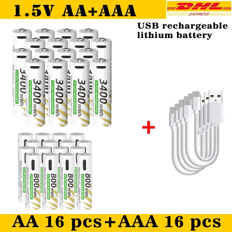 AAA and AA Rechargeable Batteries USB Lithium-ion 3400mWh 1.5V AA Rechargeable Batteries+800mWh 1.5V AAA Battery+ Type-C Cable Oasis Select AA 16pcs AAA 16pcs