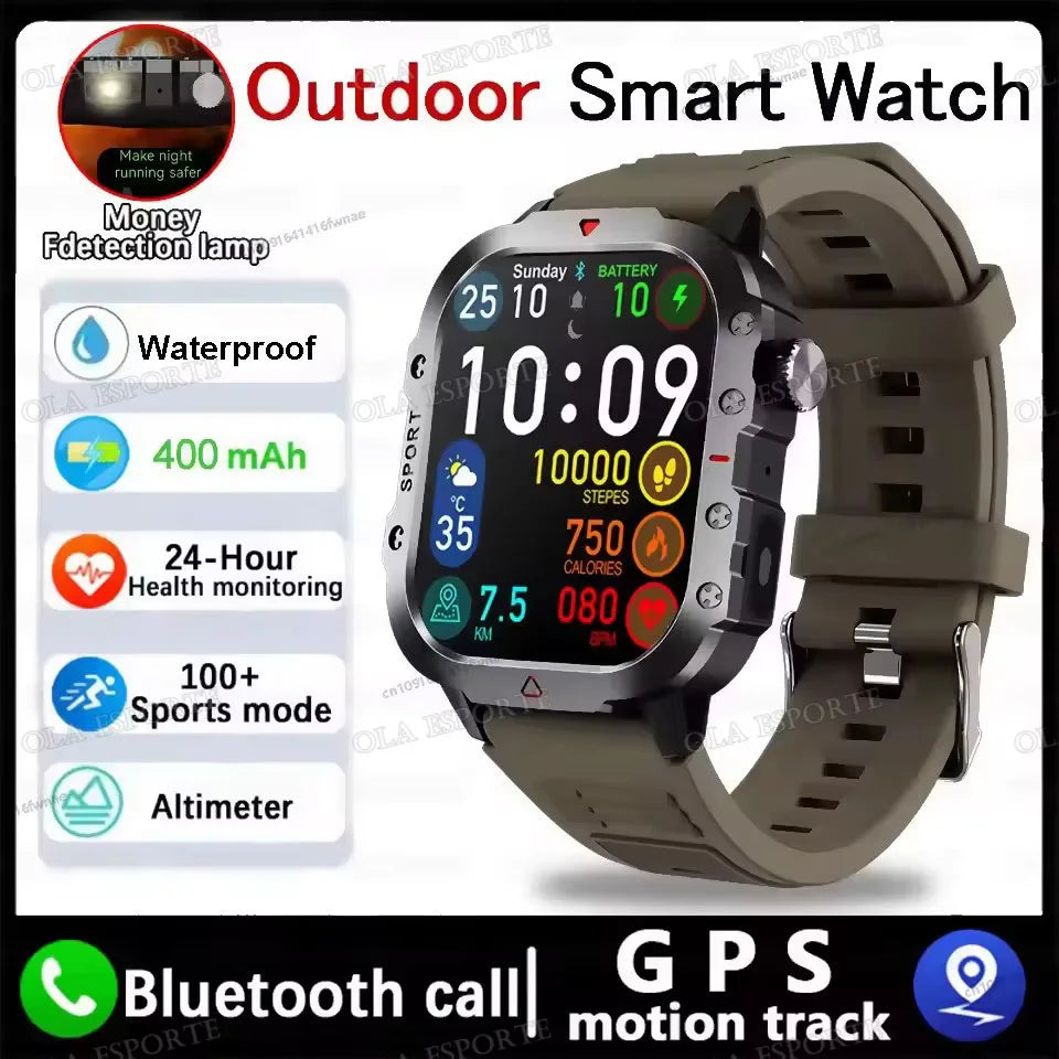 1400mAh Big Battery Smart Watch Men Outdoor GPS Flashlight 10ATM Waterproof Bluetooth Call AMOLED HD Sports Smartwatch AT-1282 Oasis Select 2.01 Brown