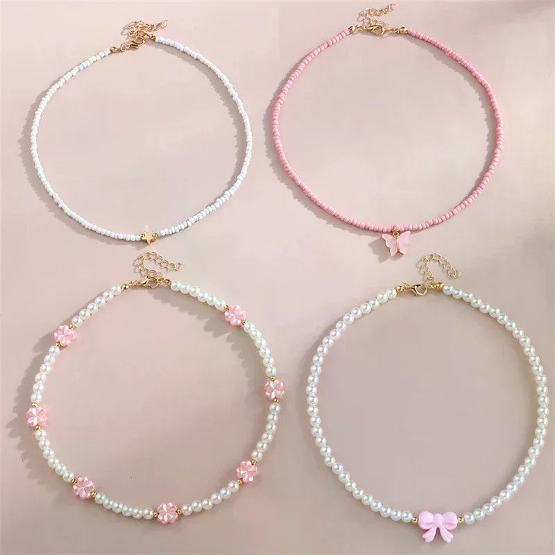 4pcs/Set Girls' Butterfly Heart Flower Pearl & Beaded Handmade Necklace Set Children Teen Friendship Best Gift For Friends Oasis Select