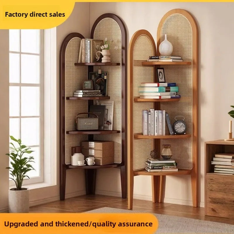 Chinese retro rattan corner decoration shelf, living room sofa wall edge book cabinet, bedroom solid wood triple crutch screen Oasis Select