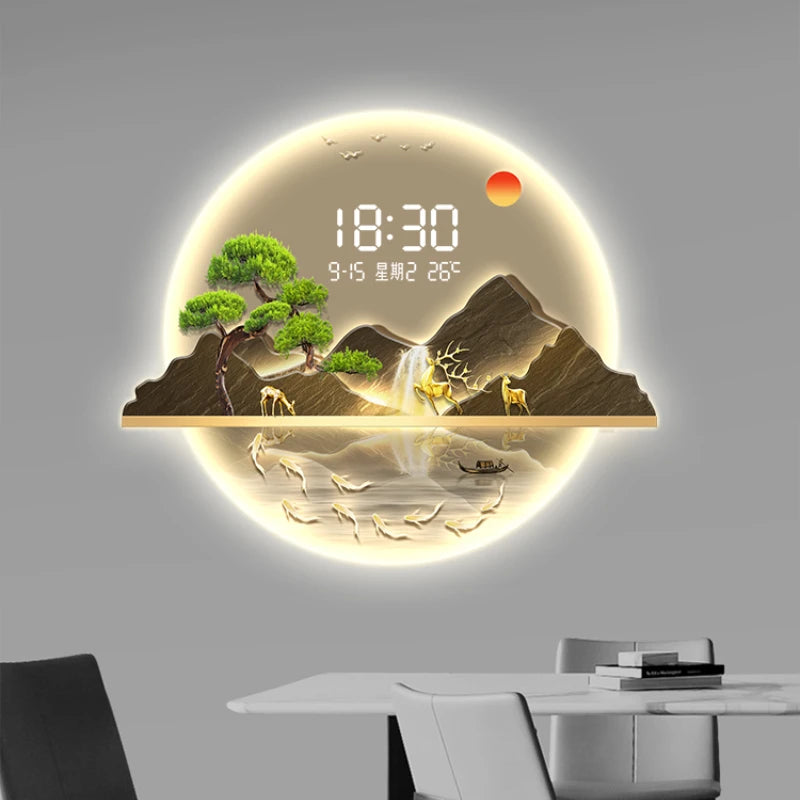 Round Greeting Pine Luminous Electronic Clock Guest Restaurant Porch Decorative Painting LED Light Hanging Wall Clock Oasis Select