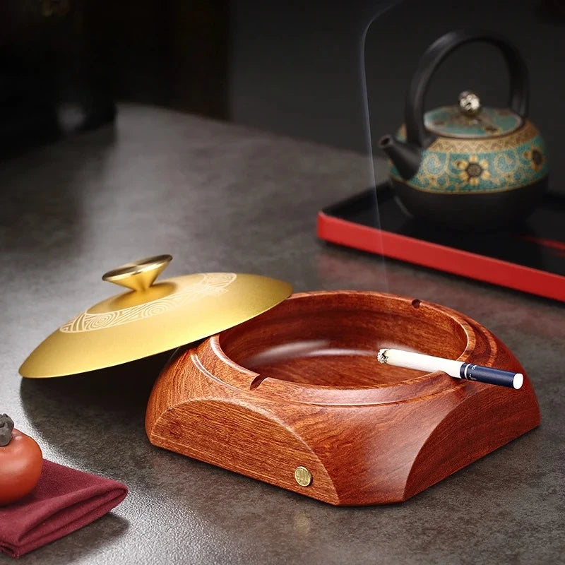 Ashtray Creative Personality Living Room Household Ebony Solid Wood with Cover Fly Ash Chinese Copper Ashtray Ashtrays Oasis Select