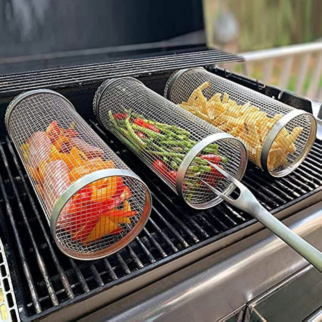 Stainless Steel Barbecue Cage Outdoor BBQ Cylinder Grill Smoked Mesh Drum Barbecue Tool barbecue kamado bbq accessories Oasis Select