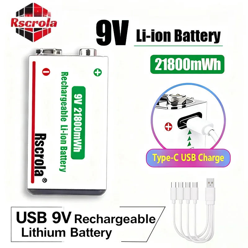9V Lithium ion Rechargeable Battery 21800mWh High Capacity Long-Lasting for Guitar Microphone Smoke Detector Pedal with Cable Oasis Select