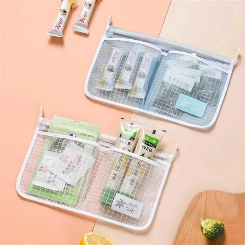 1Pcs Refrigerator Storage Mesh Bag Double Compartment Hanging Pouch Kitchen Organizer Pockets with Hook Washable Fridge Net Bag Oasis Select