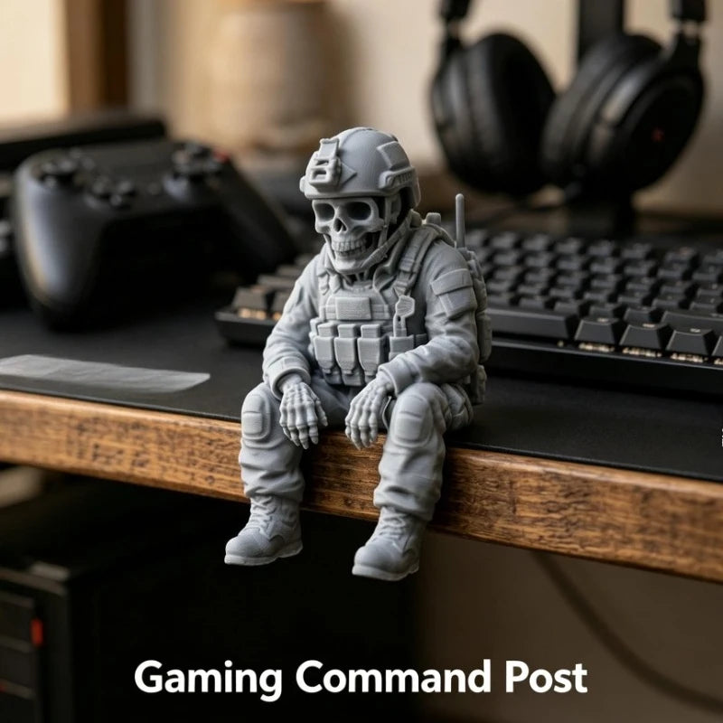 Sitting Tactical Skull Soldier Cool Ornament Home Office Military Skull Soldier Figurine Whimsical Seated Warrior Ornament Decor Oasis Select Soldier gray