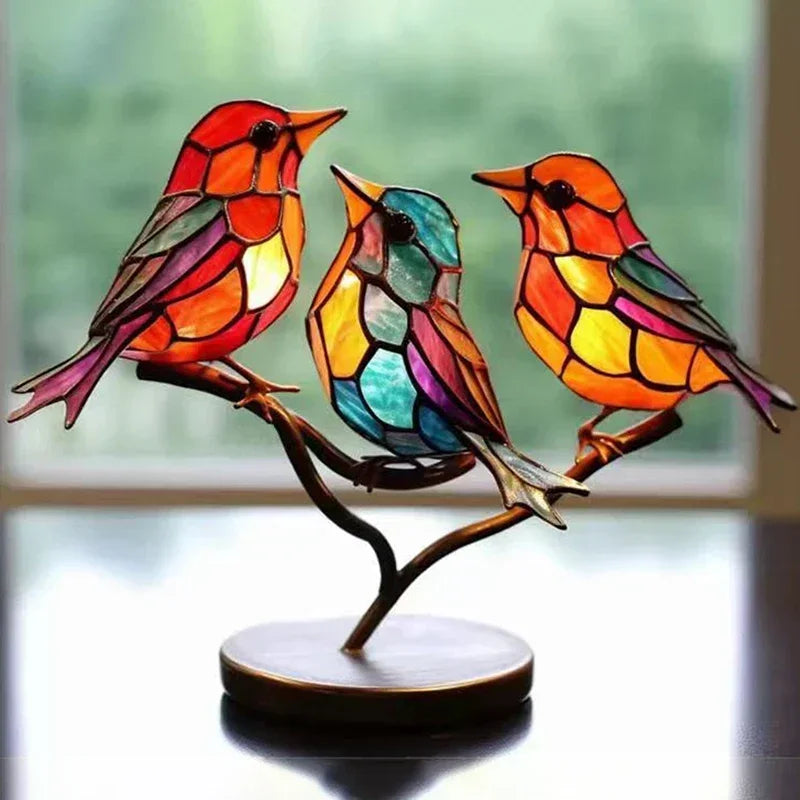 Multicolor Birds Stained Acrylic Birds on Branch Desktop Ornaments Double Sided Multicolor Style Craft Statue Ornaments Oasis Select