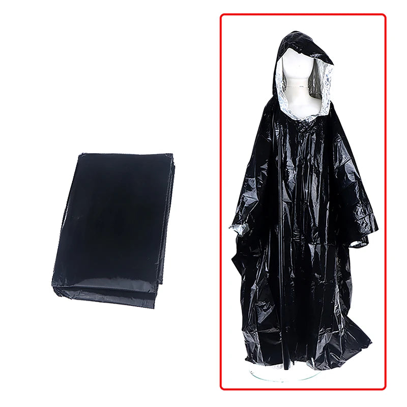 Hooded Waterproof Emergency Rain Poncho with PE Thermal Blanket for Outdoor Camping Hiking Travel Motorcycle Rain Gear Oasis Select Black