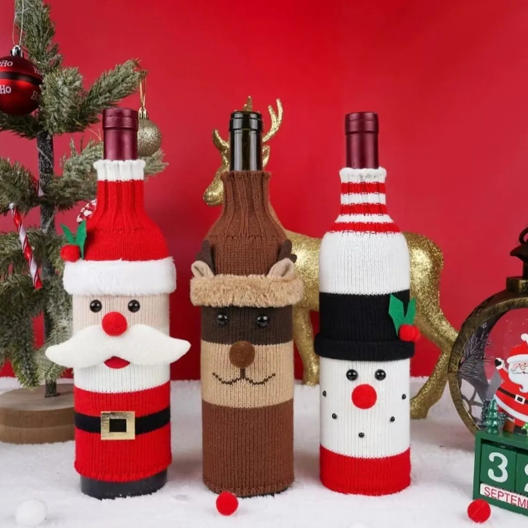 Christmas Knitted Wine Bottle Covers with A Snowman and Reindeer Atmosphere for Table Decoration Oasis Select