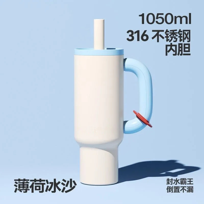 1050ml Insulated Mug with Handle and Straw Ice Cup Large Capacity Tumbler Stainless Steel Water Bottle Office Home Thermal Mug Oasis Select White 40oz