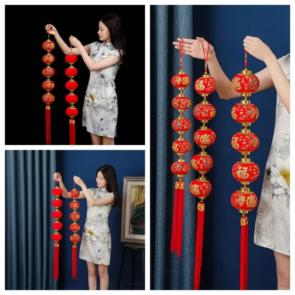 Chinese New Year Red Lantern Hanging with Tassels & Ball String
