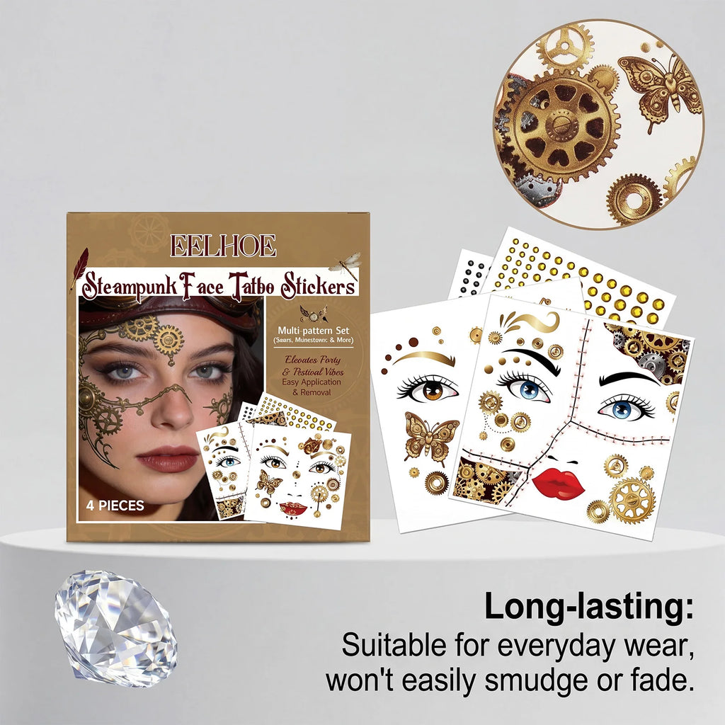Punk Style Face Tattoo Sticker Set Rhinestone Decor Party Makeup Decal Waterproof Festival Cosplay DIY Face Decor Kit Oasis Select